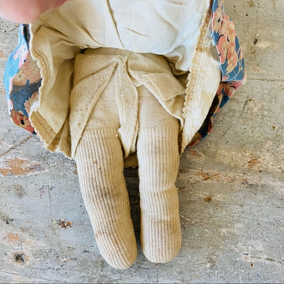 ♥️ Antique ♥️ Old Red Pink - Blue Stitched Face Rag Doll - Picture 9 of 13